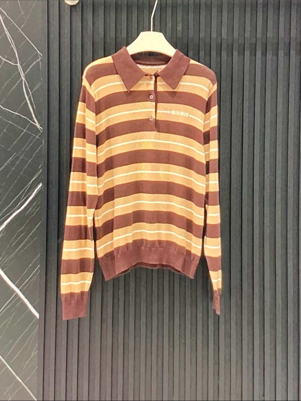 Miu Miu Brown and Cream Striped Polo Knit Top